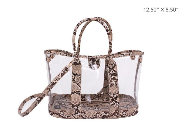 Handbags: SNAKE TRIM CLEAR BAG