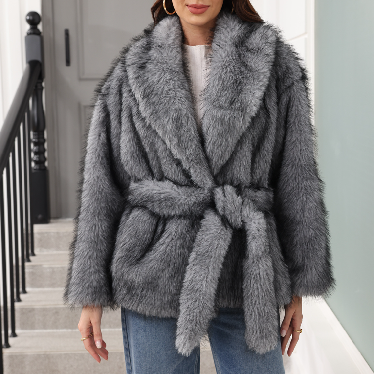 Coats: Faux Fur with Belt Mid Length Coat