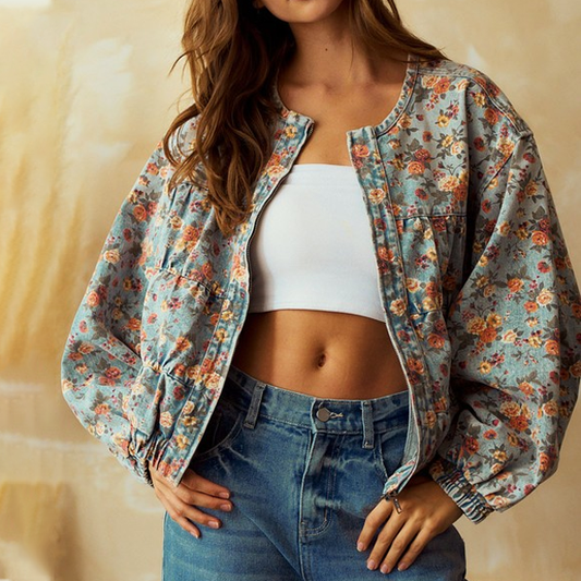 Jacket: Vintage Floral Batwing Sleeve Washed Denim Jacket