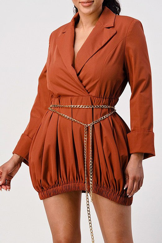 Romper: Terracotta Trench Romper with Gold Chain Belt