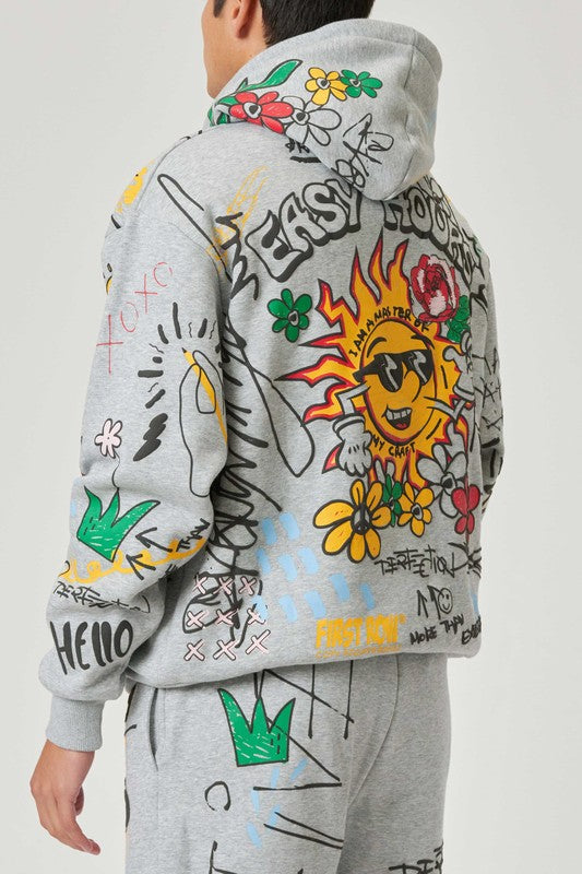 Mens: Allover Hand Drawing & Chenille Patch Hoodie