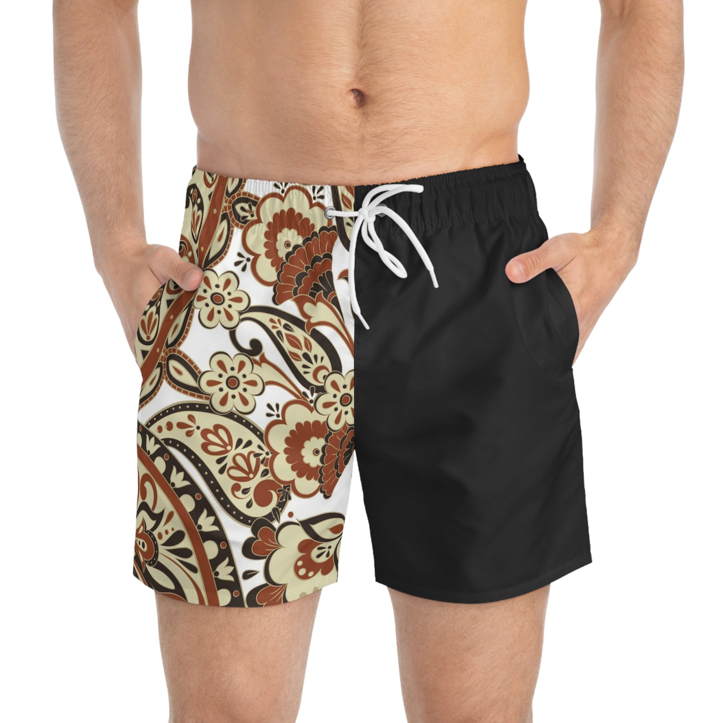 Men's Retro Paisley Half-Print Swim Trunks