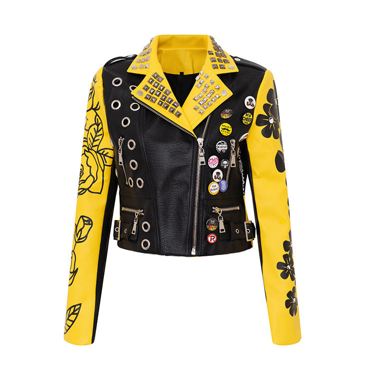 Jacket: Collared Graffiti Motorcycle Faux Leather