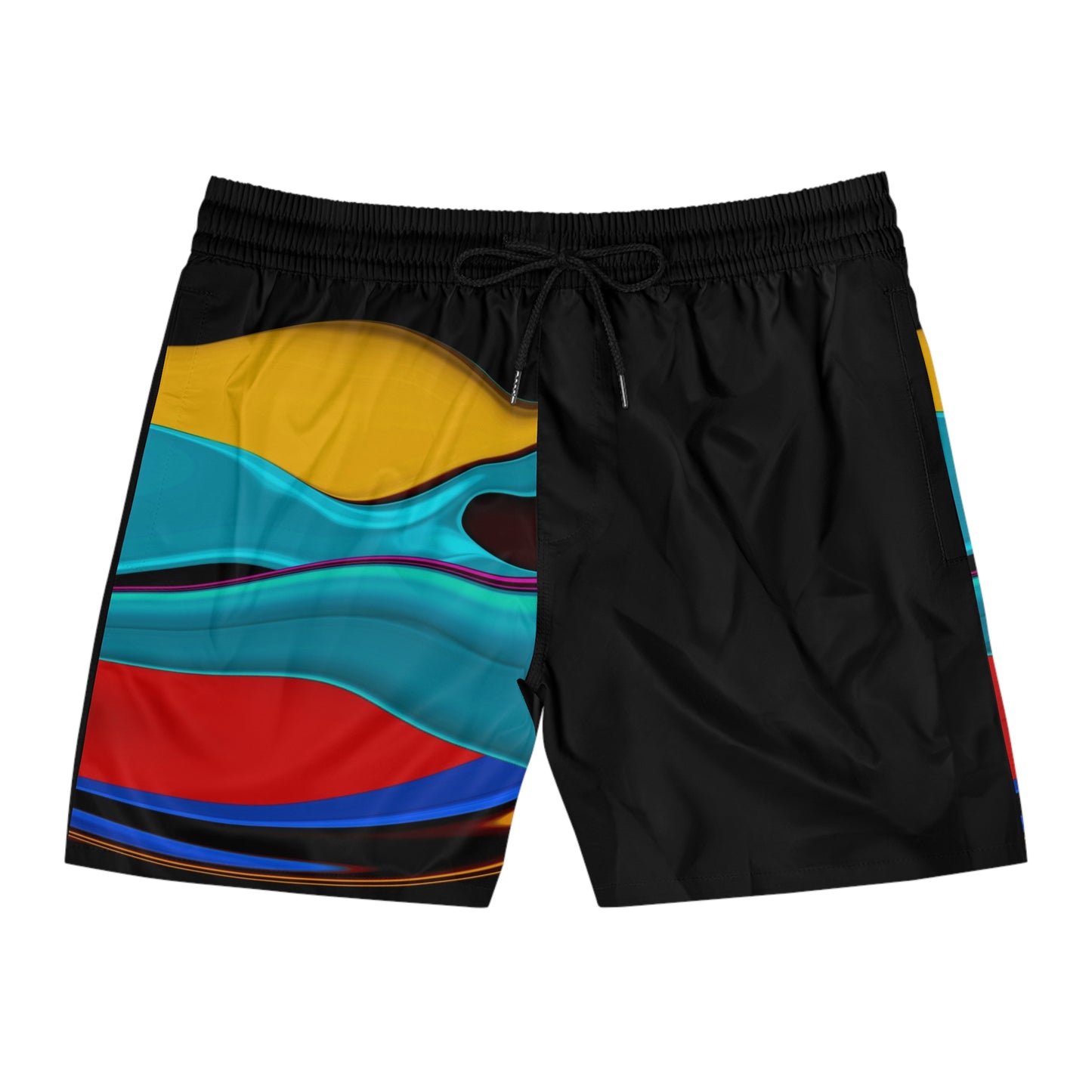 Abstract Wave Swim Shorts — Colorful Striped Men's Mid-Length Beach Trunks