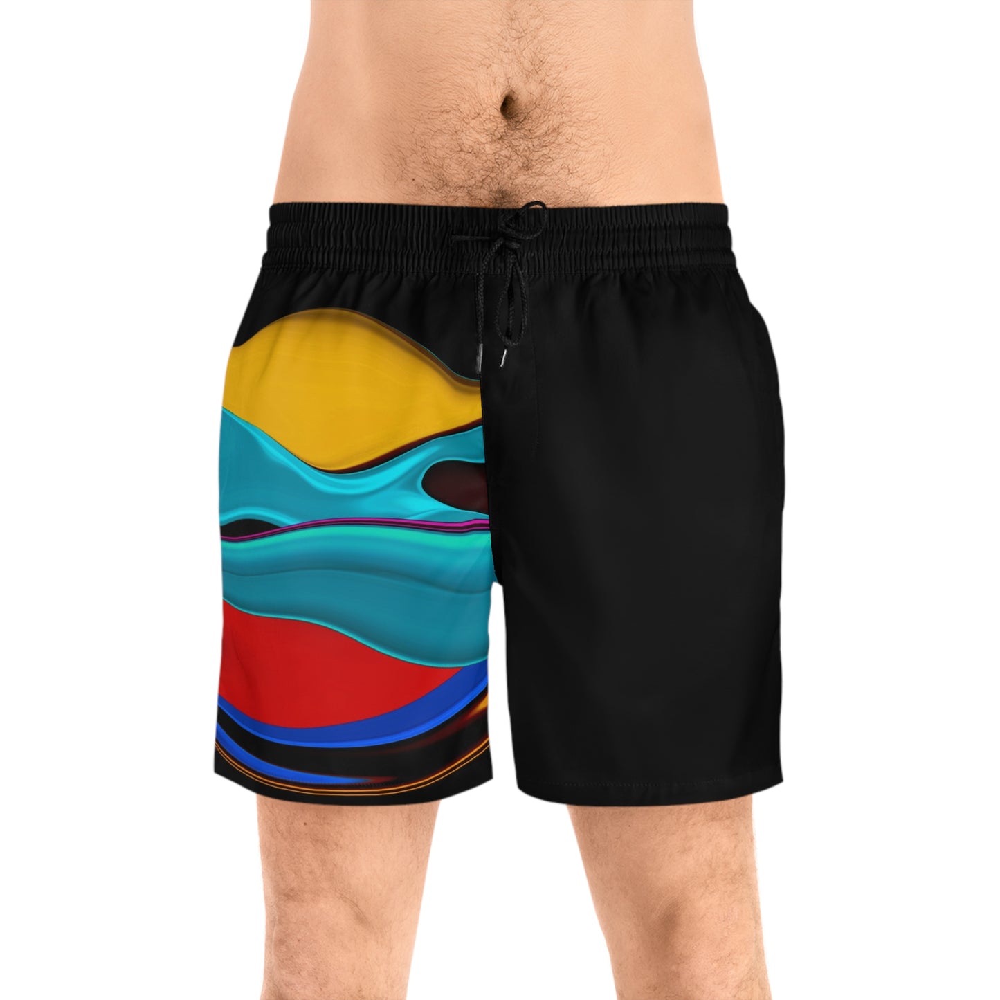 Abstract Wave Swim Shorts — Colorful Striped Men's Mid-Length Beach Trunks