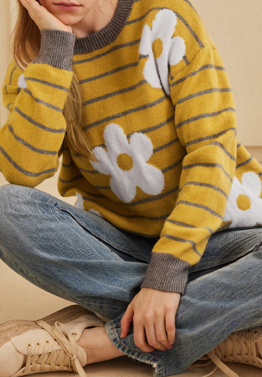 Sweater: Flower Stripe Round Neck Long Sleeve Sweater