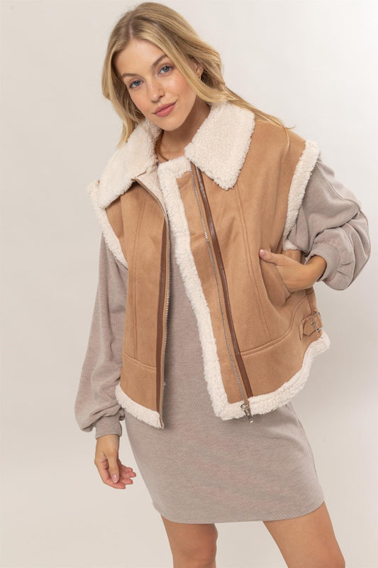 Jackets: Fur-Contrast Zip Up Suede Vest