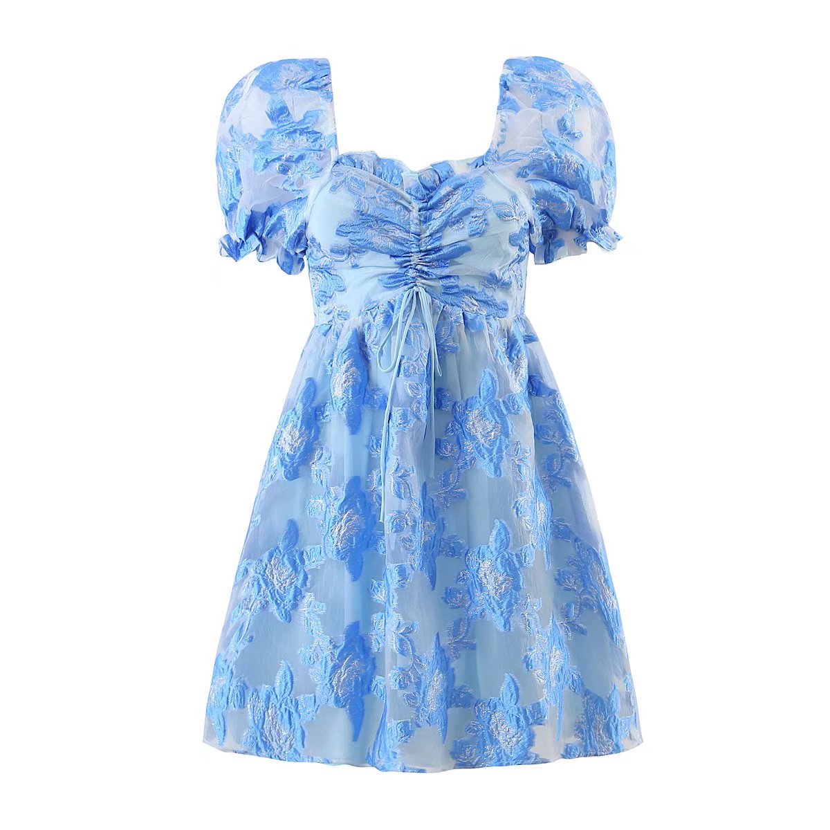 Gilded Embroidery Blue Flower Bubble Sleeve Chest Drawstring Princess Dress
