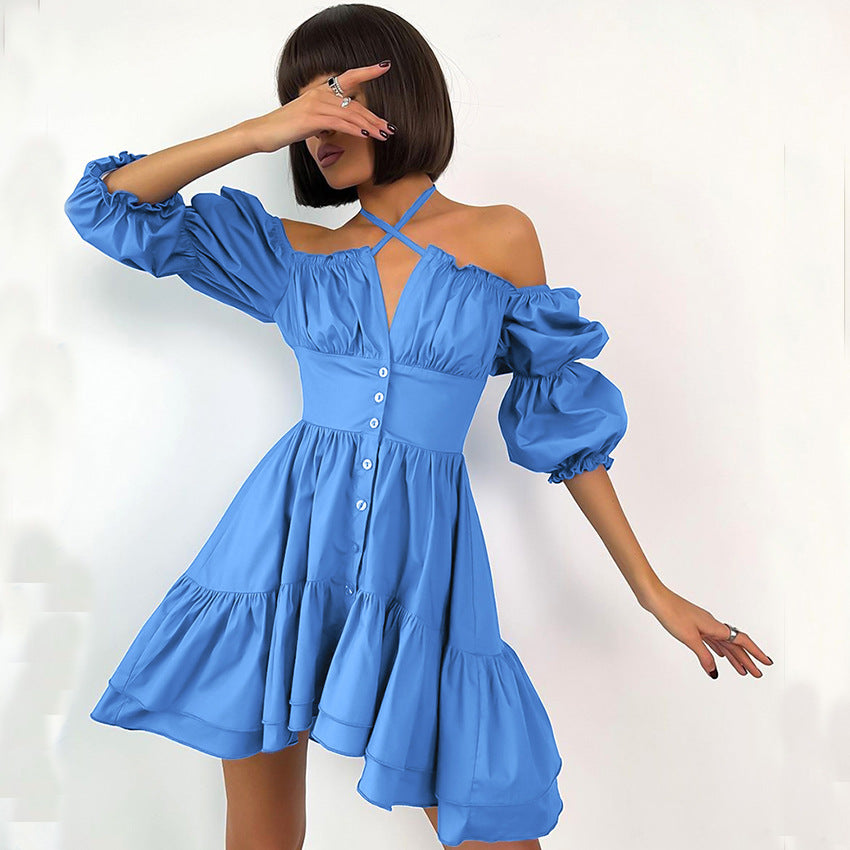 Solid Color Halter Square Collar Puff Sleeve Sexy Dress Summer Women Clothing Short Dress