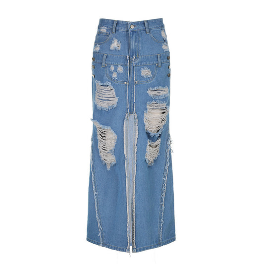 Skirts: Streetwear Raw Hem Ripped Stitching Metal Buckle High Waist Slit Denim Skirt Long Skirt