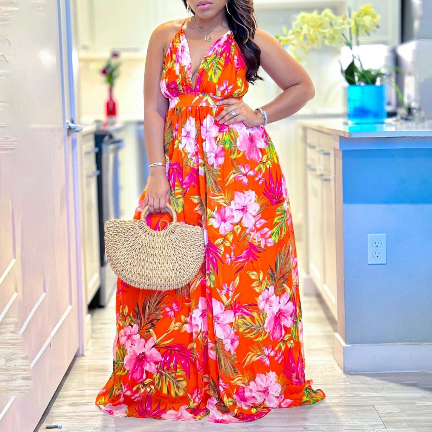 Dresses: V Neck Strap Printed Dress