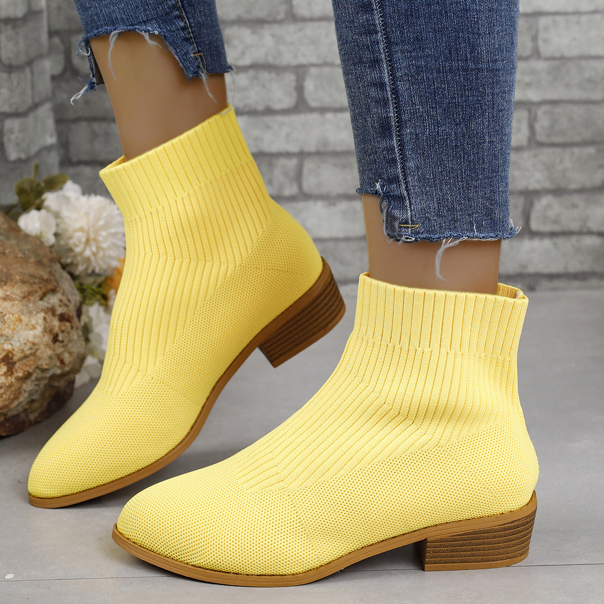 Shoes: Pointed Chunky Mid Heel Mesh Socks Boots