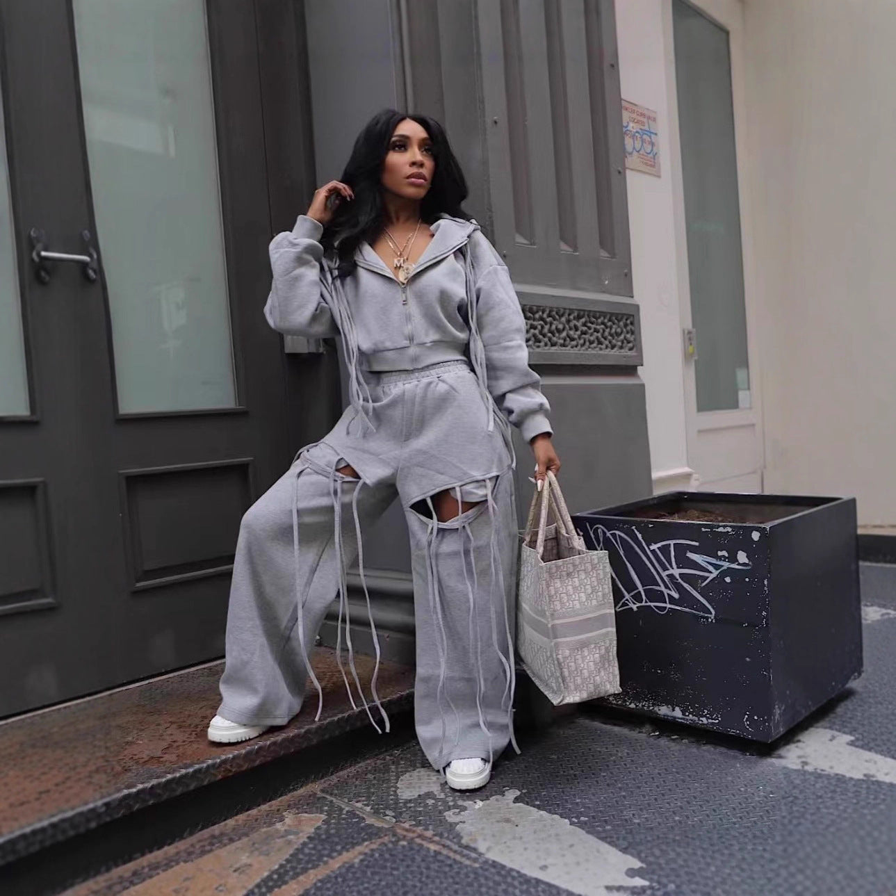 2 Piece Set: Wide Leg Pants Personality Hooded Zipper Jacket