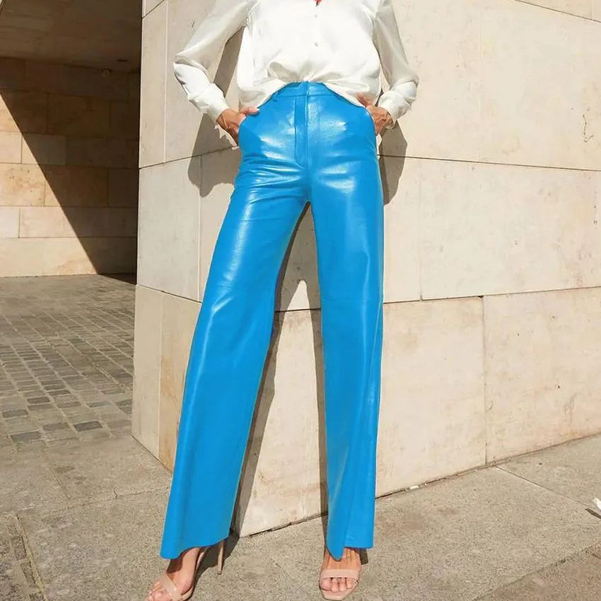 Pants: Leather Mid High Waist Hip Lifting Straight Leg Casual Pants