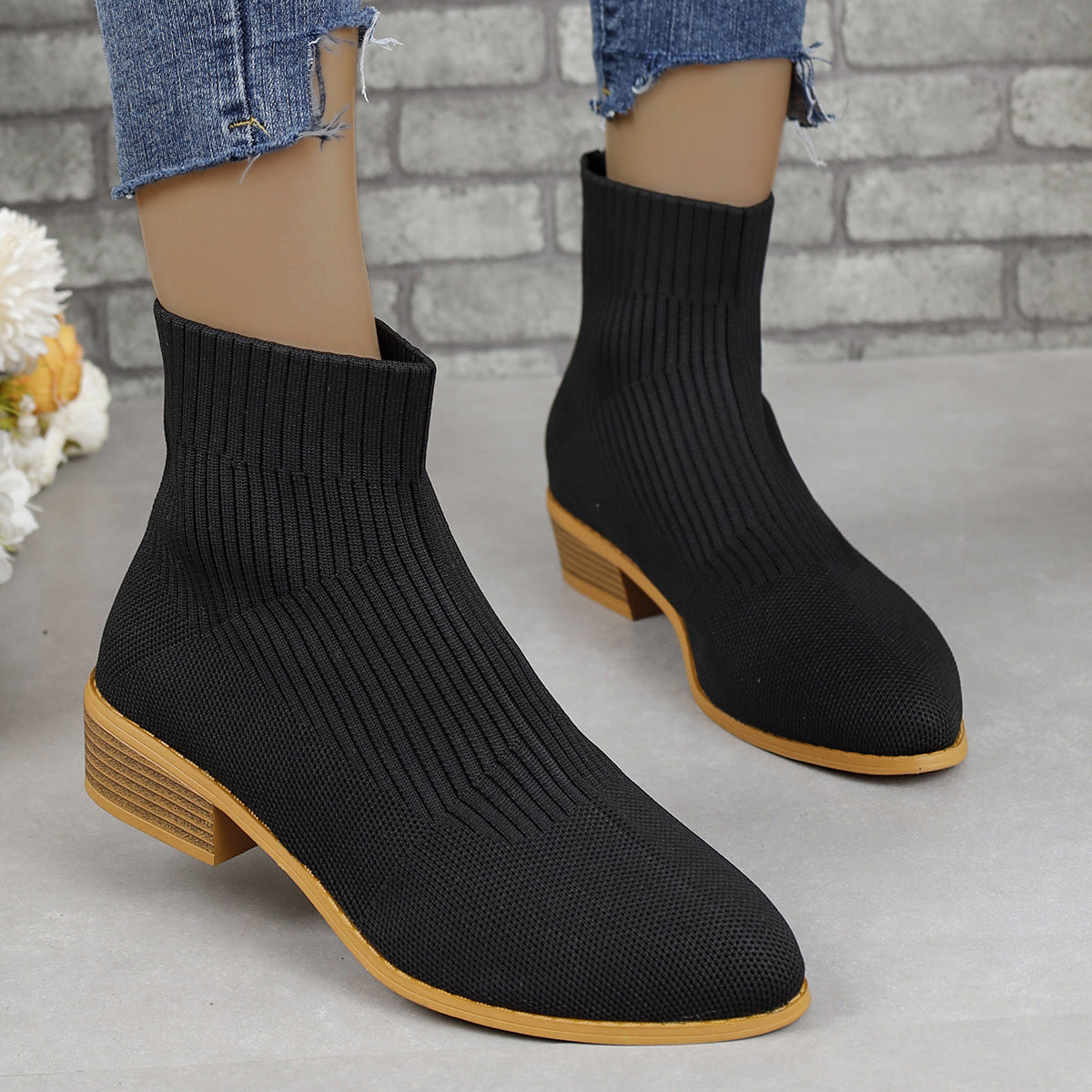 Shoes: Pointed Chunky Mid Heel Mesh Socks Boots