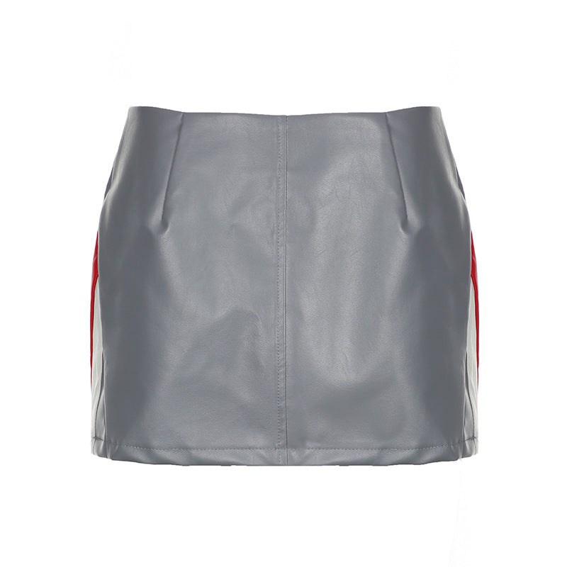 2 Piece Set: Locomotive Leather Set Stand Collar Contrast Color Short Coat Skirt