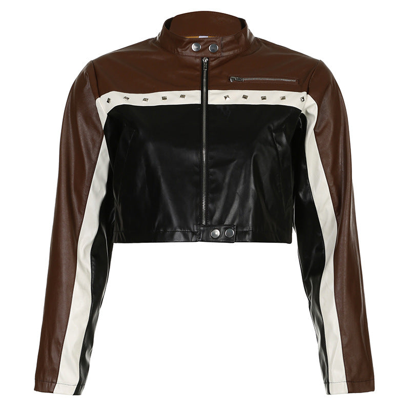Jacket: Locomotive Women Rivet Zipper Pocket Leather Contrast Color Short Coat Jacket