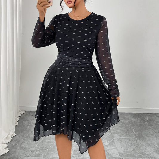 Dresses: Bow Print Dress A line Little Black Dress Slimming Hepburn Chiffon Dress