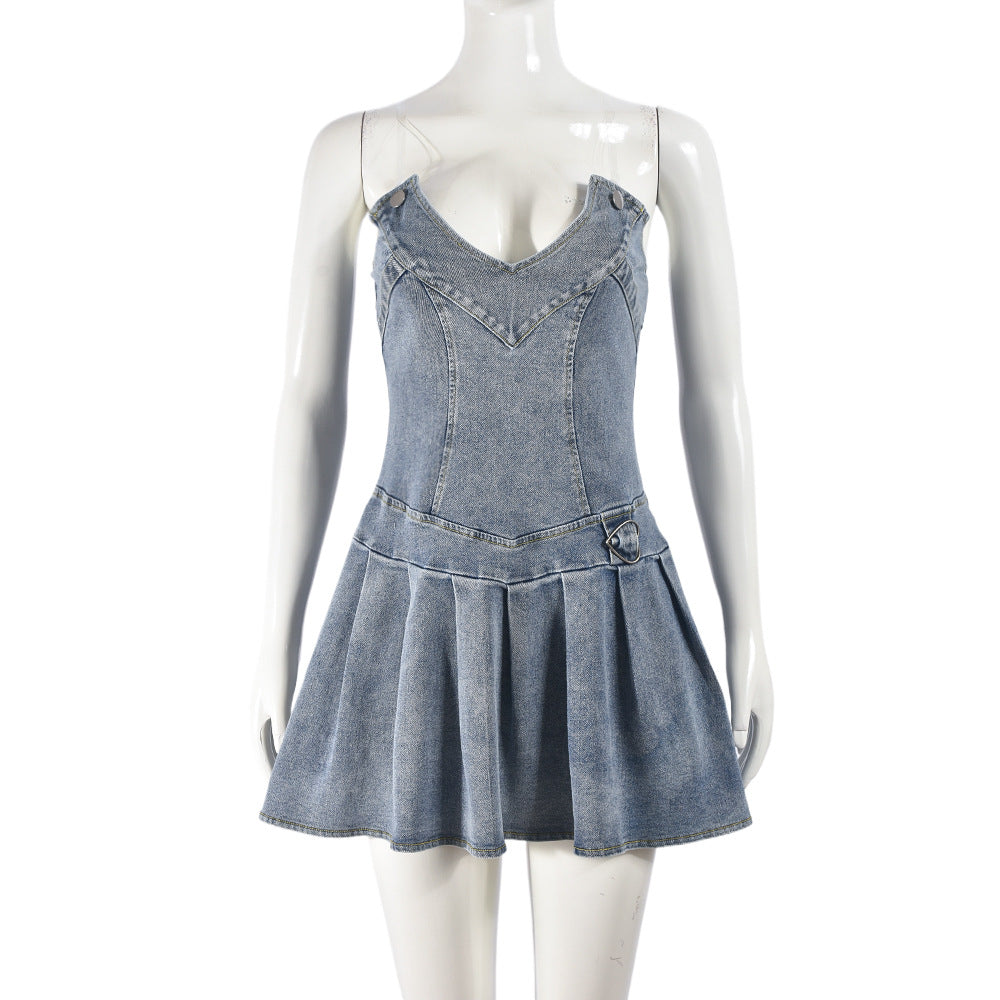 Dress:Denim Bandeau French Pleated Dress