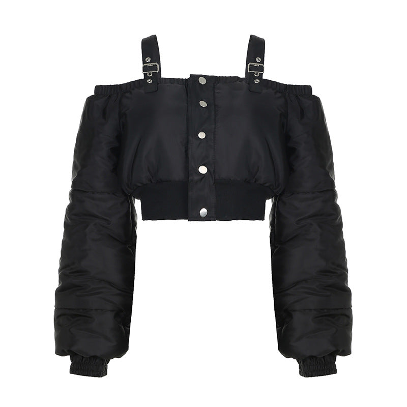 Coats: Adjustable Shoulder Strap off Neck Puff Sleeve Waist Trimming Short Cotton Padded Jacket