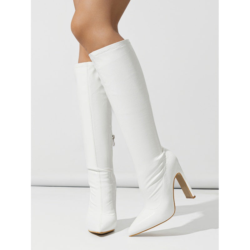 Shoes: Thick Heel Asymmetric Stone Pattern Pointed Toe Boots