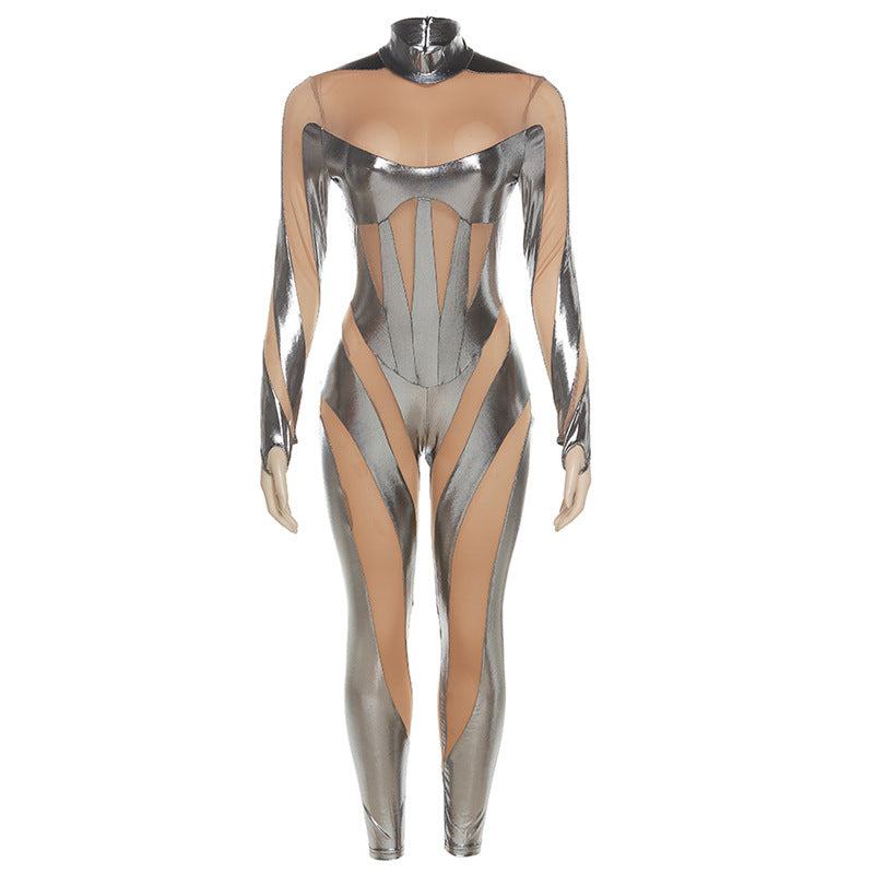 Jumpsuit: Metallic Coated Fabric Mesh See through High Waist Zipper Slim Fit Sports Jumpsuit