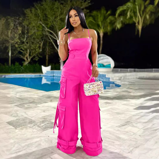 Jumpsuit: Tube Top Multi Pocket Wide Leg Jumpsuit