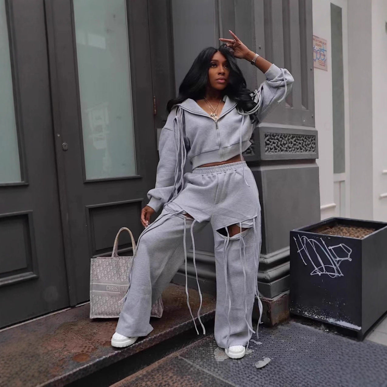 2 Piece Set: Wide Leg Pants Personality Hooded Zipper Jacket