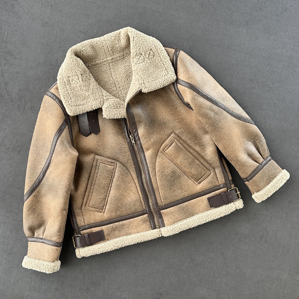 Jackets: Shearling Jacket Women Leather Coat Collared Warm Motorcycle Wind Coat Loose Fleece Padded Coat