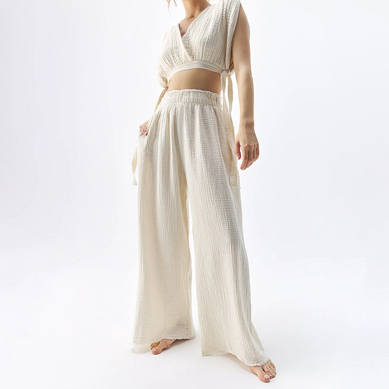 Pants: Double Layer Gauze  High Waist Slimming Cotton Wide Leg Pants Loose Edge Design Casual Mopping