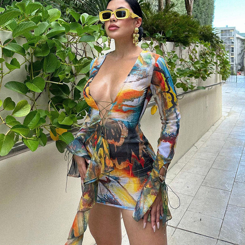 Dress: Print Sexy Deep V Plunge Stitching Lotus Leaf with Lashing Cuff Sheath Long Sleeve Dress