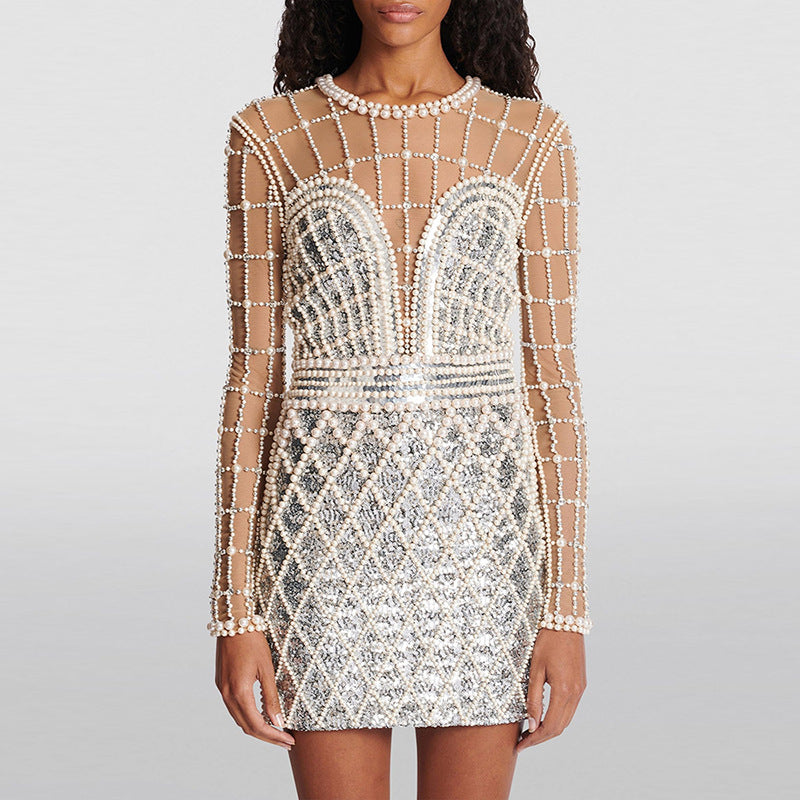 Dress: Pearl Heavy Industry Beads Sequ Long Sleeve Mesh Dress