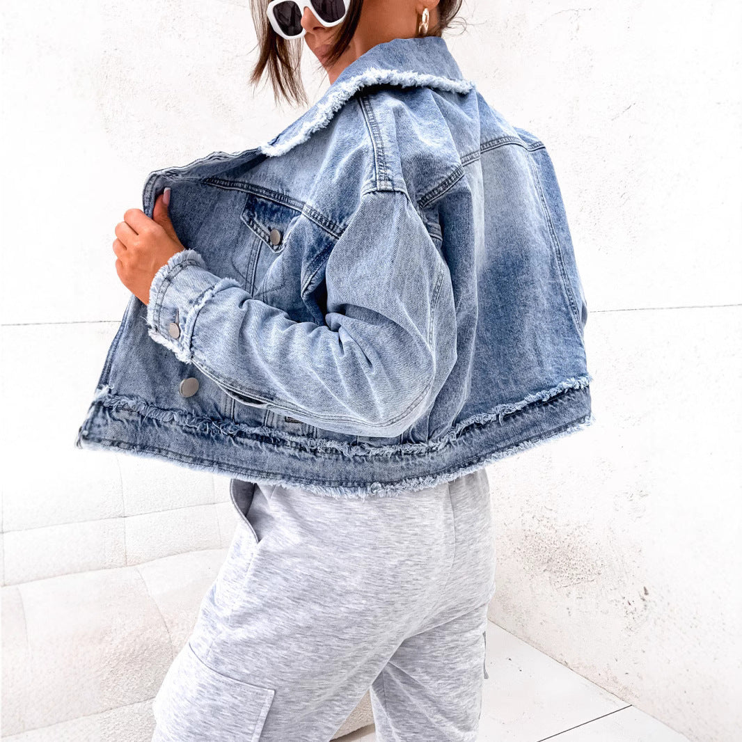 Jackets: Loose Wash Raw Edge Denim Women Long Sleeved Jacket