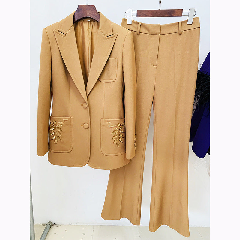 Suits: Socialite Graceful Embroidery Blazer Bootcut Pants Suit Two Piece Suit