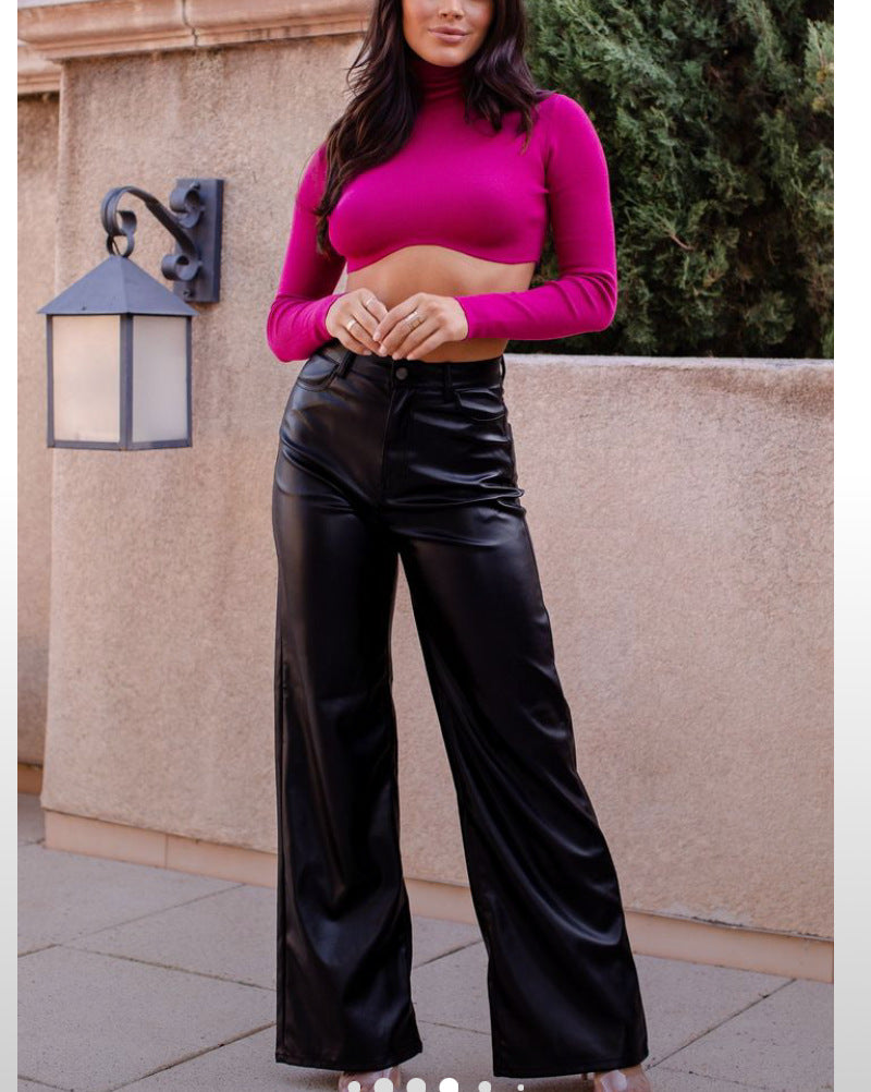 Pants: Faux Leather Wide Leg Straight Casual Leather Pants