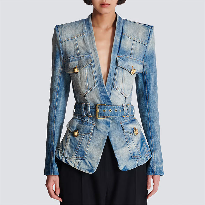 Jackets: Slim Fit Belt Denim Blazer