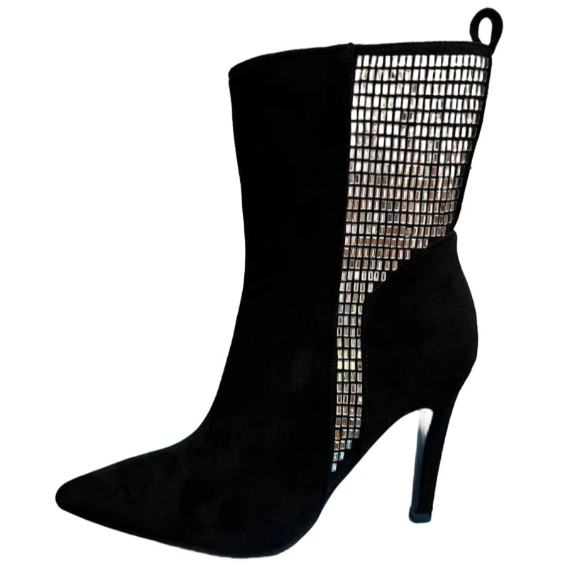 Shoes: Black Velvet Slimming Rhinestone Stiletto Heel Boots