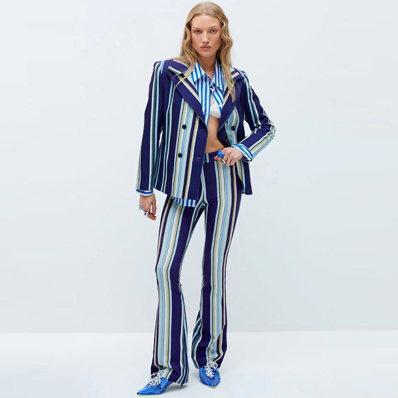 Two Piece Sets: Striped Blazer Flared Pants Suit