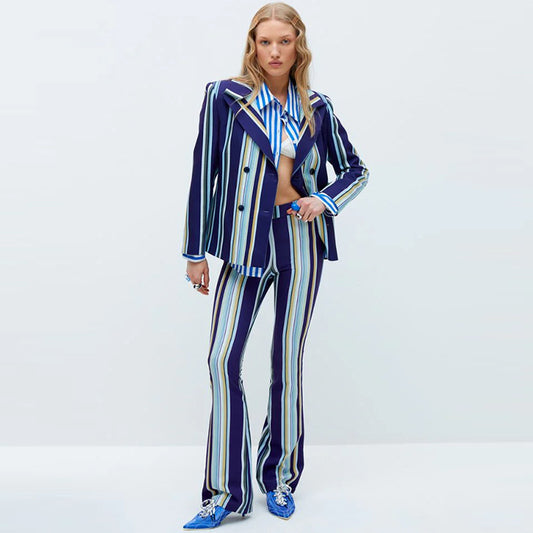 Two Piece Sets: Striped Blazer Flared Pants Suit