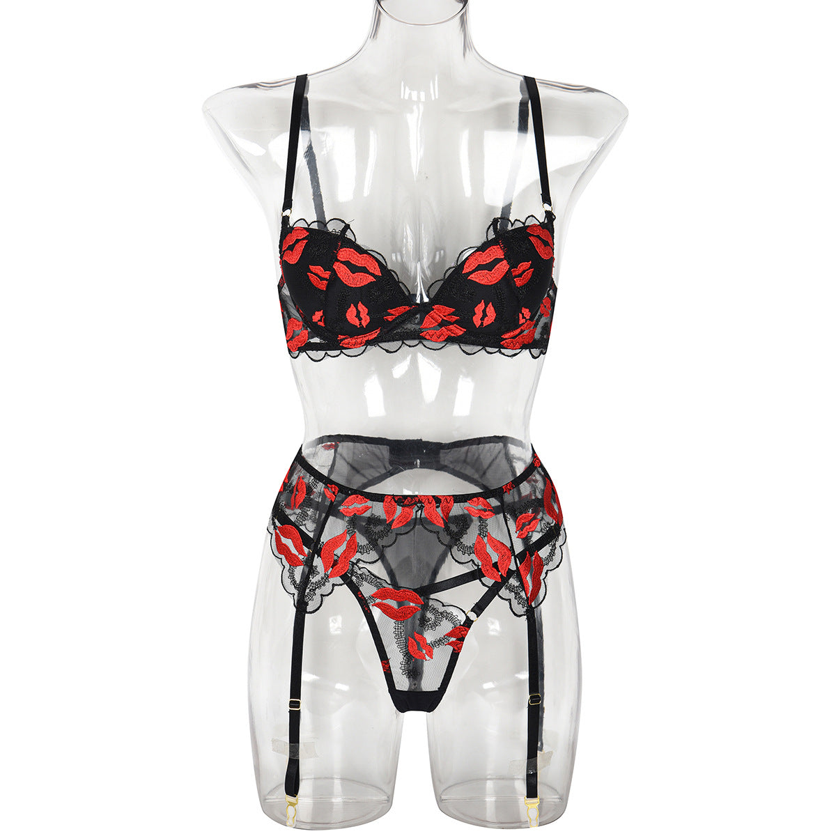 Lingerie: Valentine Day Red Lips Embroidery Push Sexy Three Piece Suit