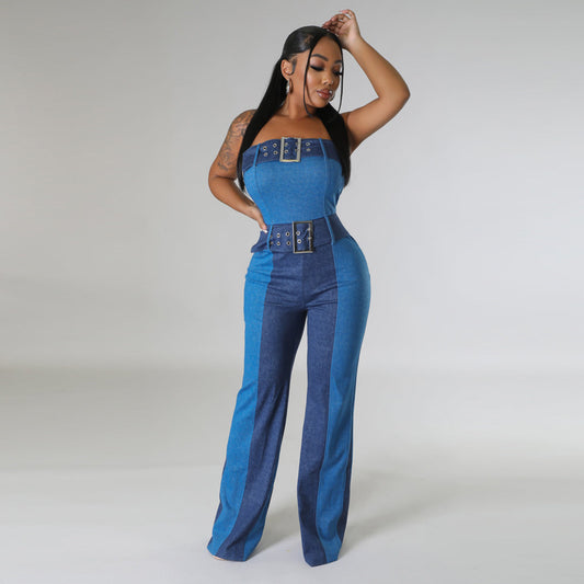 Jumpsuit: Tube Top Lace Up Waist Controlled Denim