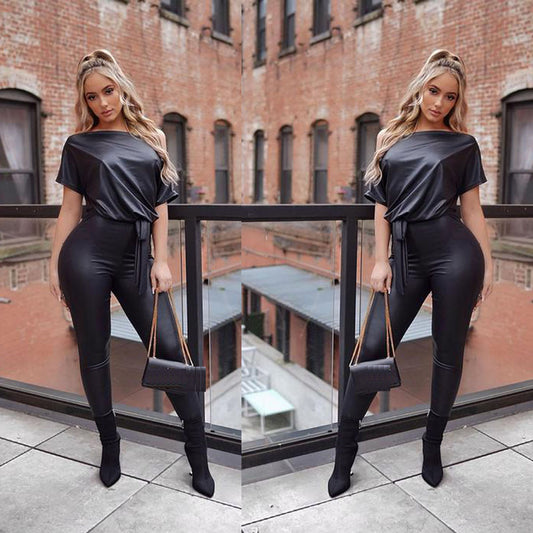 Jumpsuit: Leather Strap Off The Shoulder Slim Fit One Piece Jumpsuit