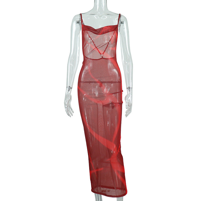 Dresses: Digital Printing Draped Collar Cami Dress Sexy Mesh String Backless