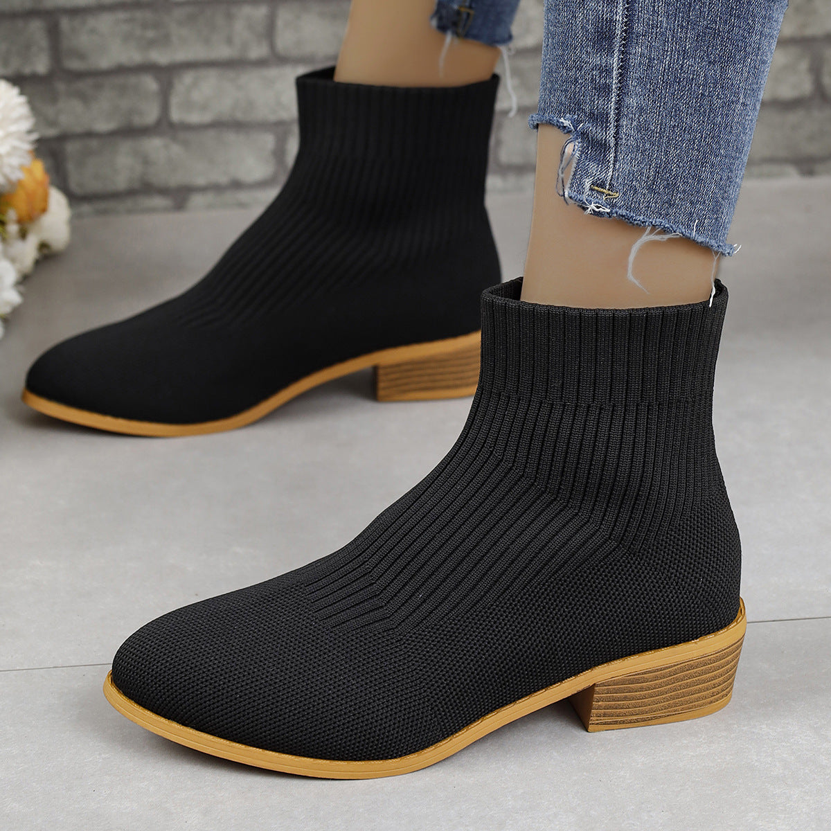 Shoes: Pointed Chunky Mid Heel Mesh Socks Boots
