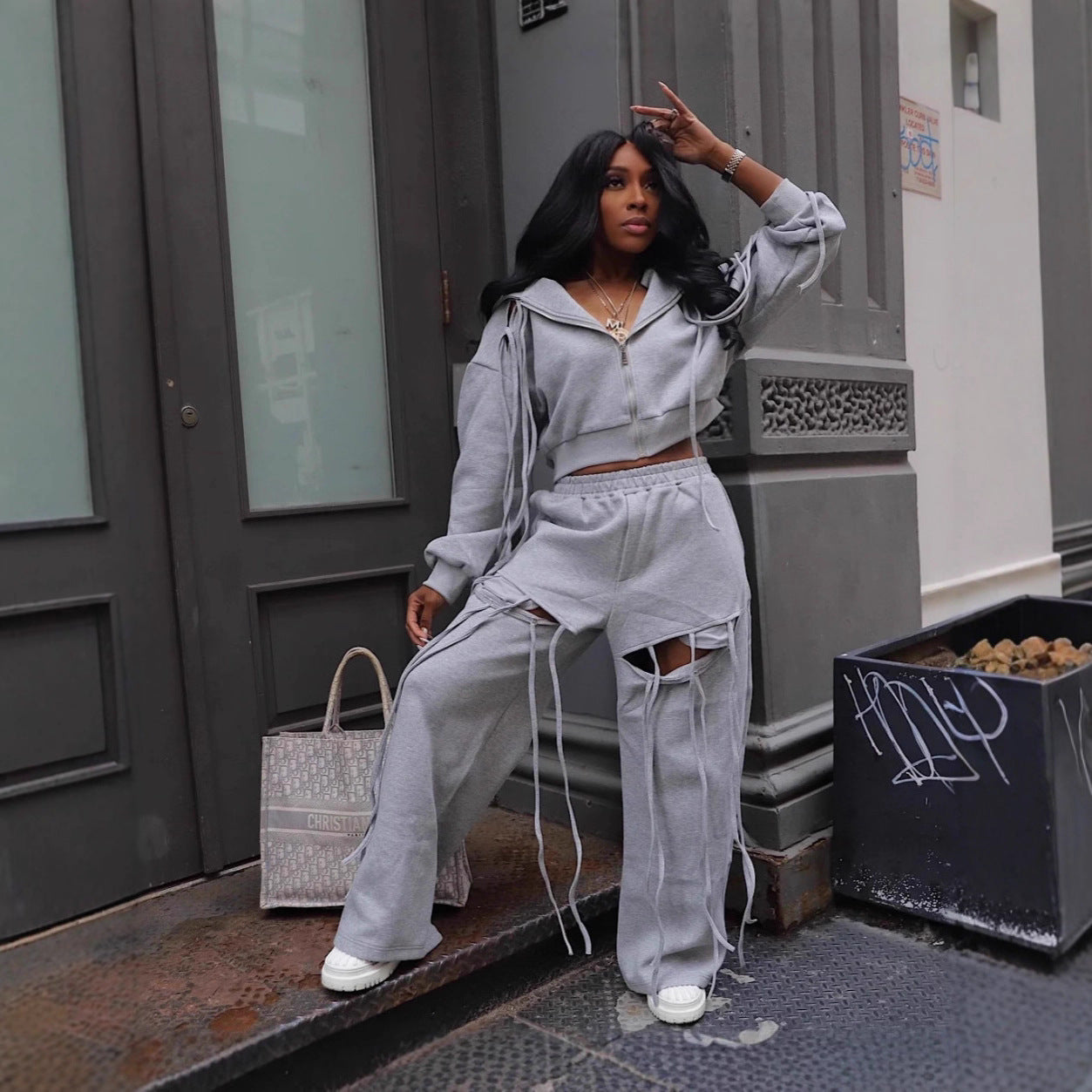 2 Piece Set: Wide Leg Pants Personality Hooded Zipper Jacket