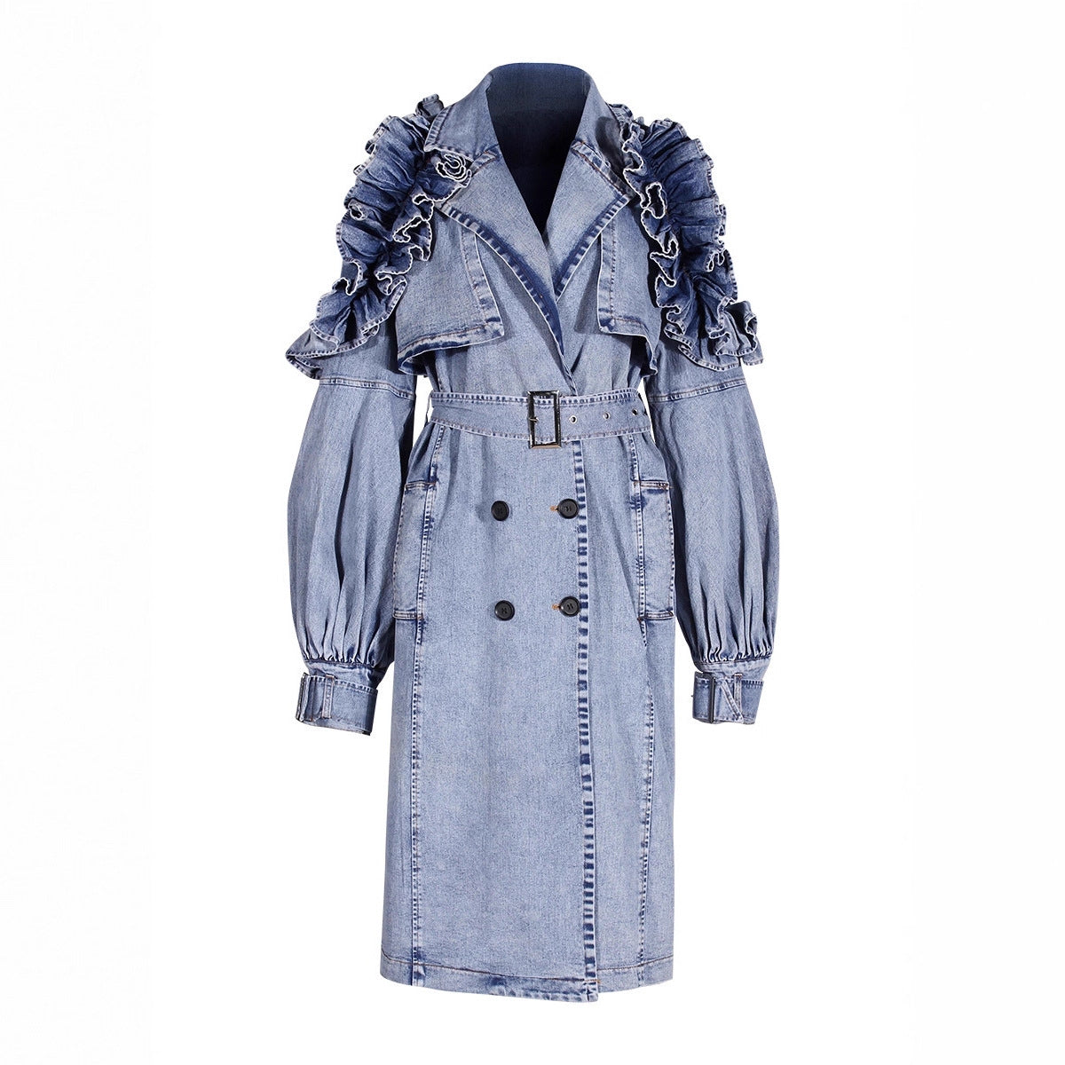 Coats: Tight Waist Denim Lotus Leaf Coat