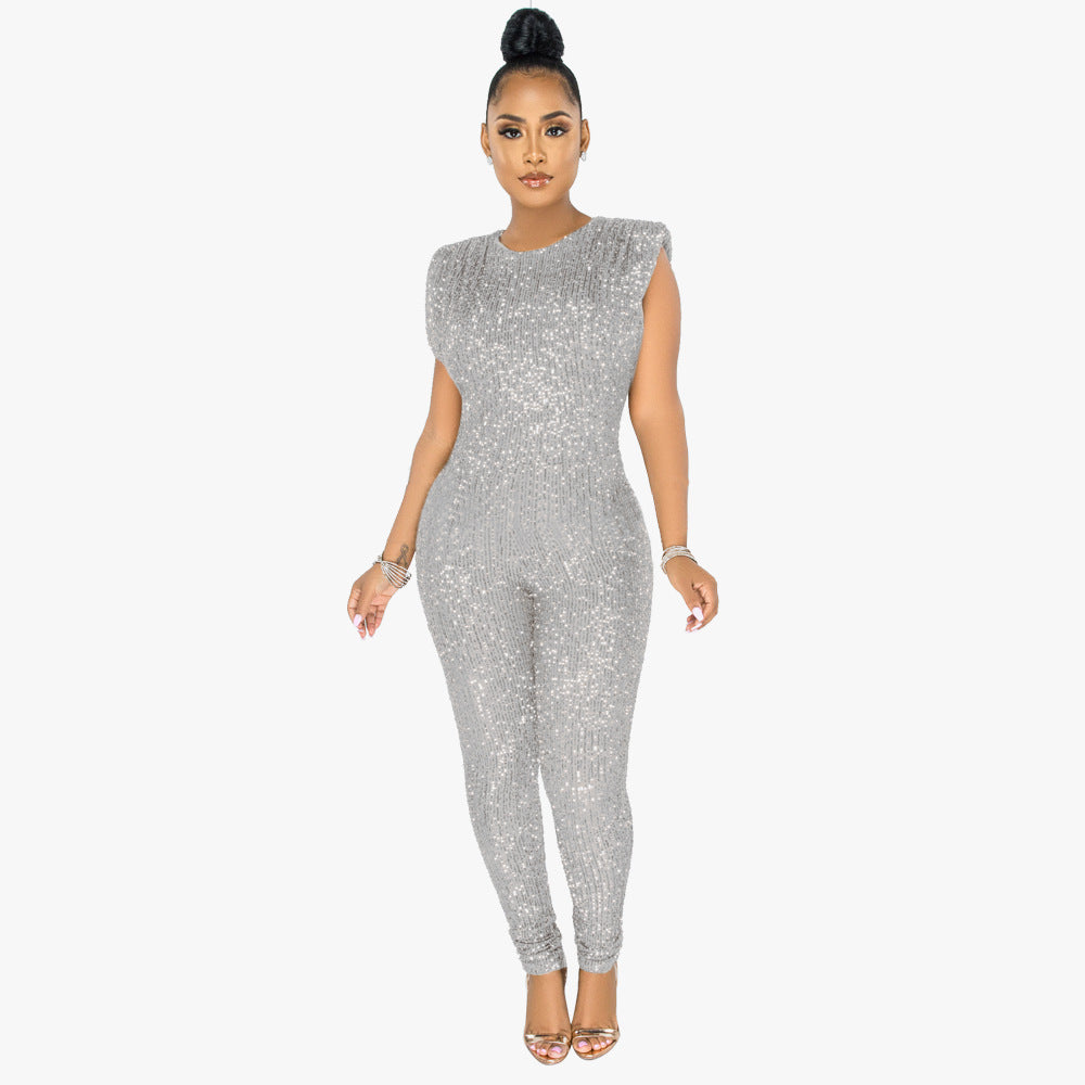 Jumpsuit: Sequined Sexy Sleeveless Slim Fit Bodysuit Women without Belt