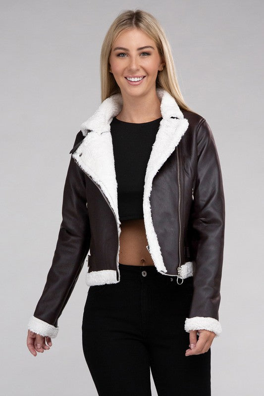 Jackets: Plush Teddy Trimmed PU Jacket