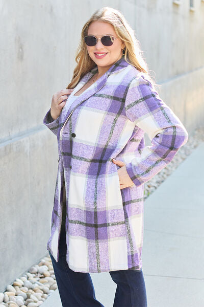 Coats: Double Take Full Size Plaid Button Up Lapel Collar Coat