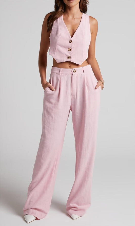 Suits: Row Button Vest Top Wide Leg Pants Suit